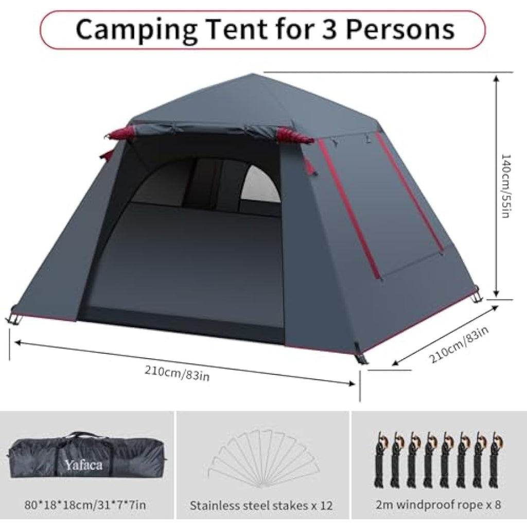 Yafaca 3-Person Pop Up Camping Tent – Waterproof Automatic Dome Shelter