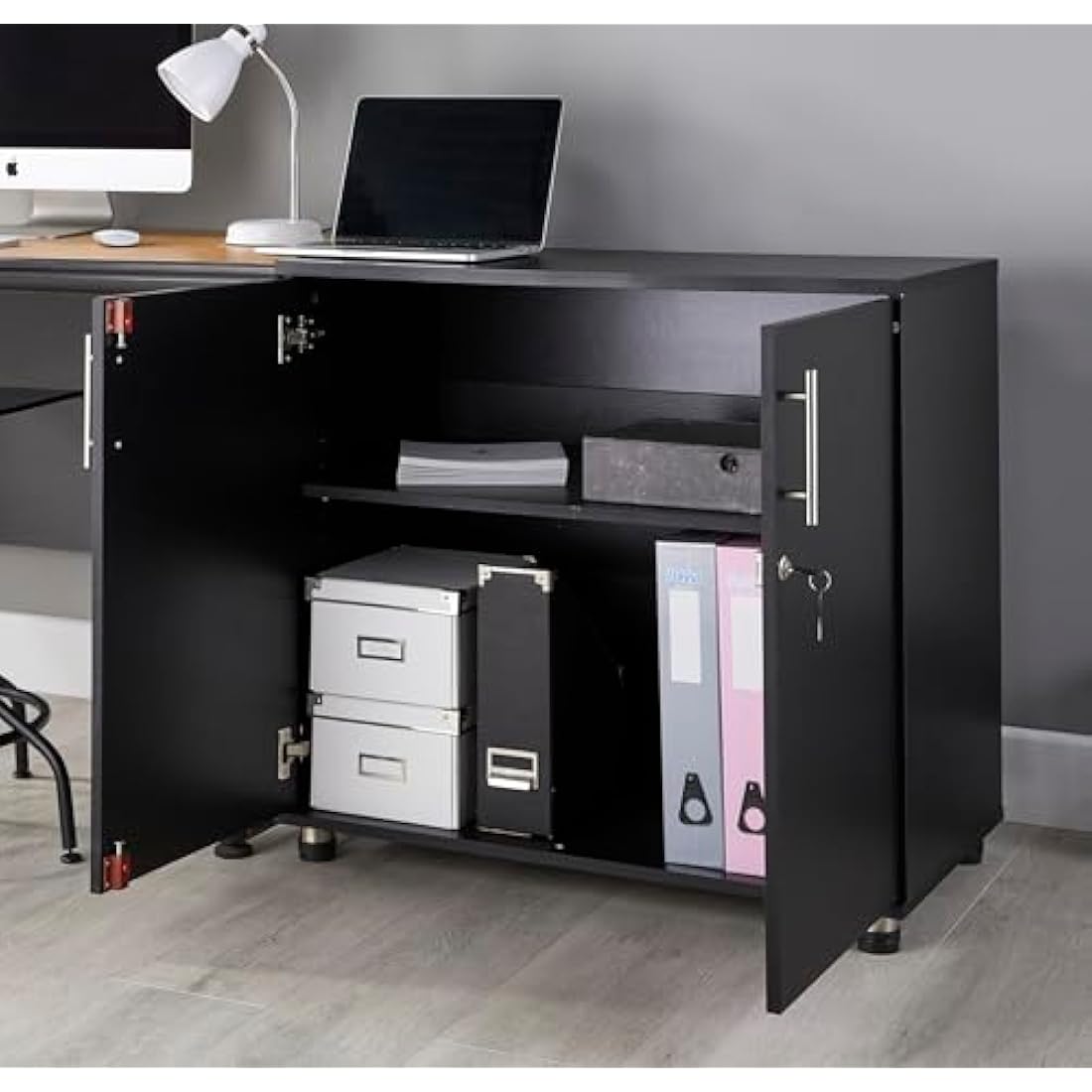 MMT Furniture Black Lockable Office Storage Cabinet | 75cm Desk Height