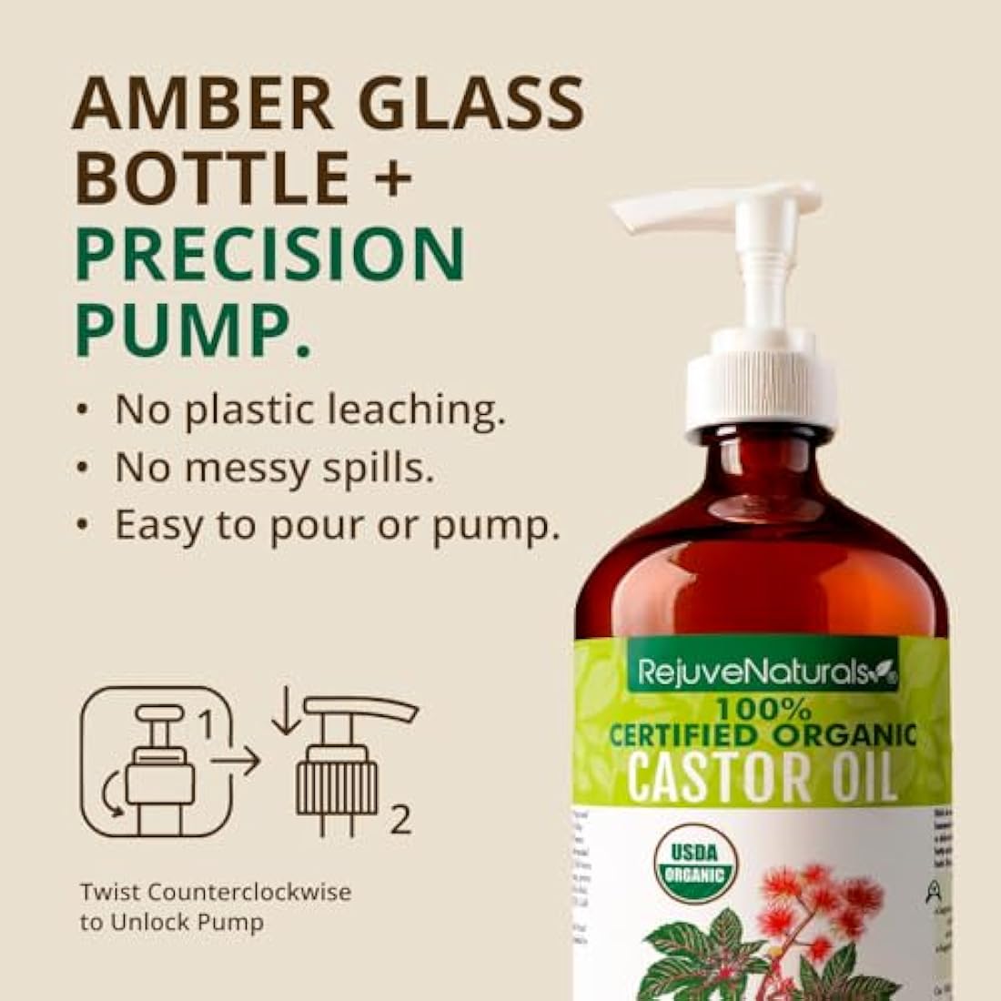 RejuveNaturals Organic Castor Oil – 16oz Glass Bottle Cold Pressed Hexane Free