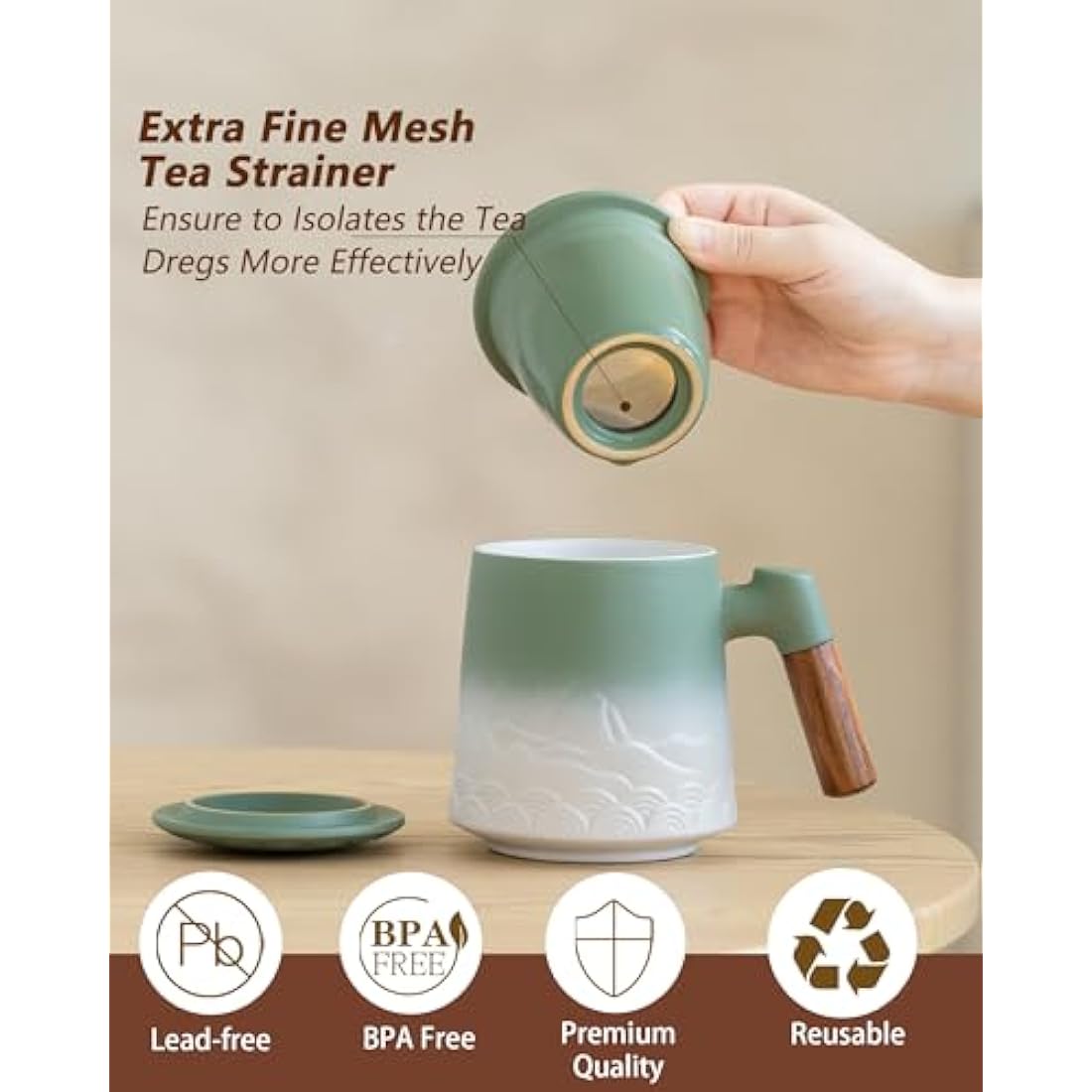 ZENS Ceramic Tea Infuser Mug with Wood Handle and Lid - 500ml Green