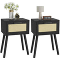 YMYNY Rattan Nightstand Set of 2 | Modern Side Table with Wood Legs