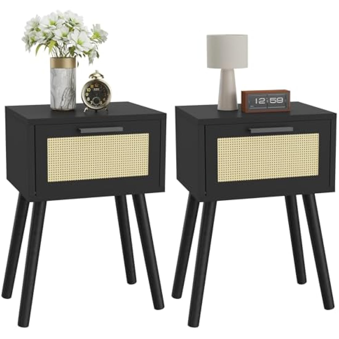 YMYNY Rattan Nightstand Set of 2 | Modern Side Table with Wood Legs