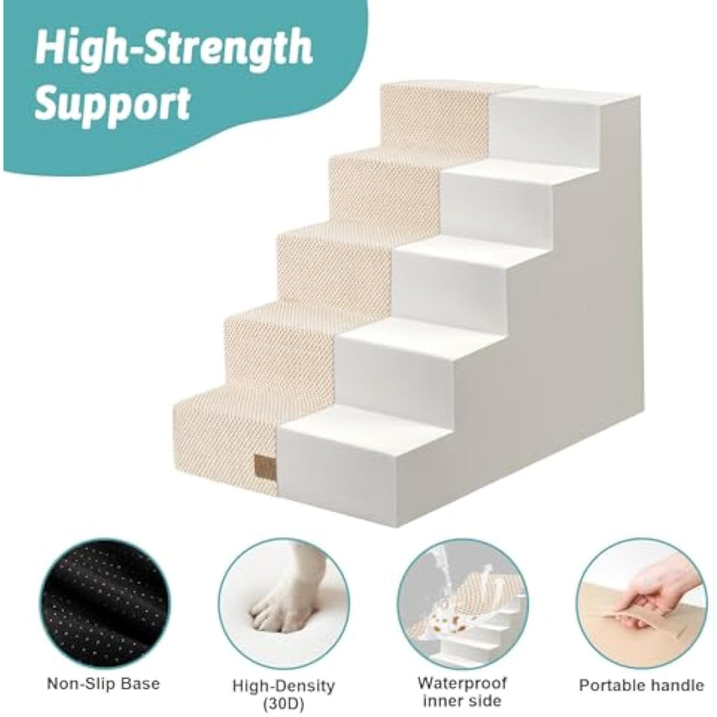 COZY KISS 5-Tier Wide Foam Dog Stairs | Non-Slip Pet Steps for High Beds