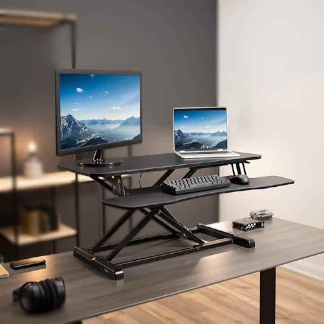 VIVO 91cm Standing Desk Converter | Height Adjustable Dual Monitor Riser