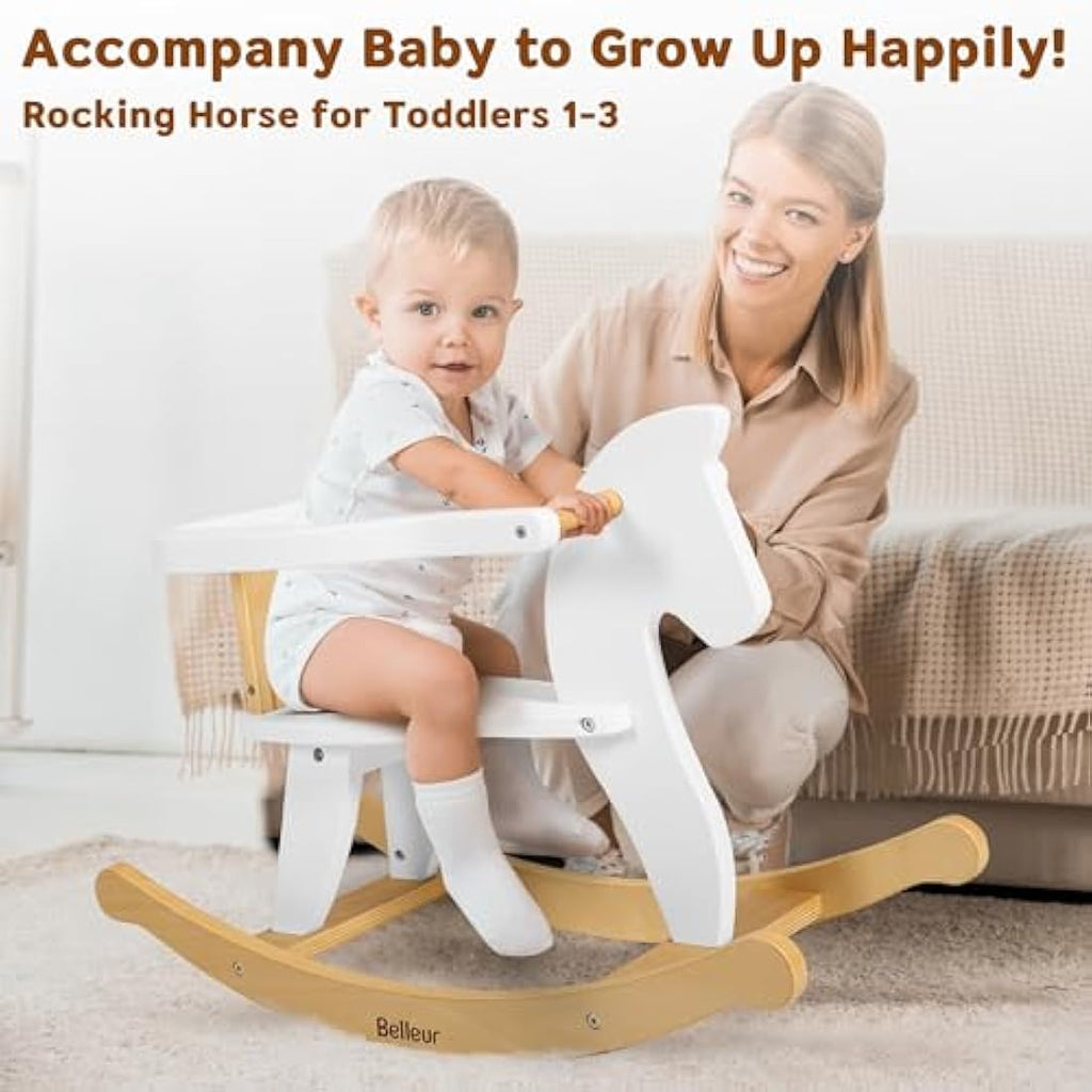 Belleur Wooden Rocking Horse for Toddlers – 2-in-1 Ride-On Toy with Fence