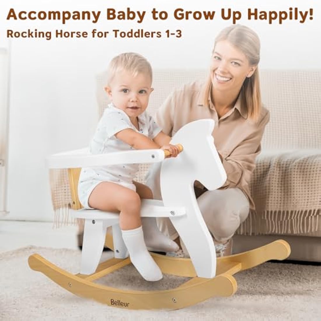 Belleur Wooden Rocking Horse for Toddlers – 2-in-1 Ride-On Toy with Fence