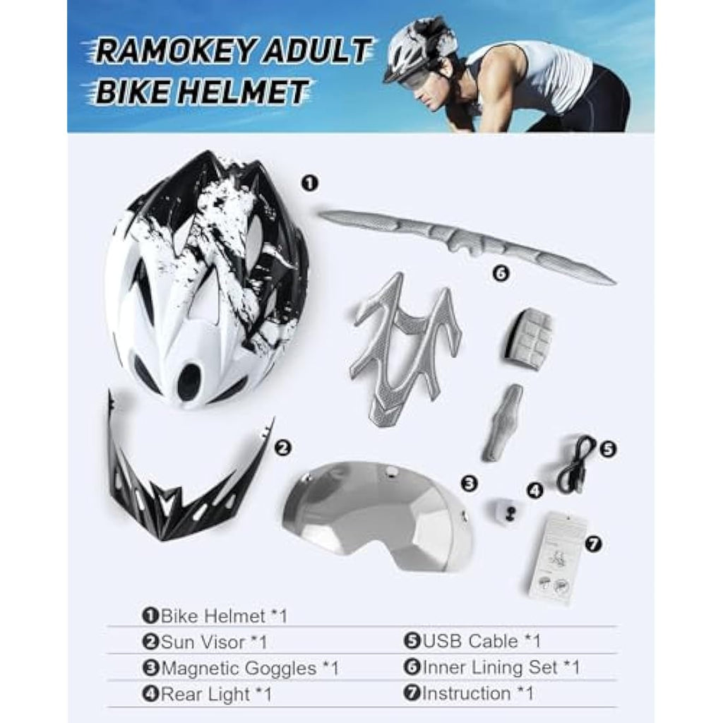 RaMokey Bike Helmet with LED Light & Magnetic Goggles | Adjustable 57-62cm
