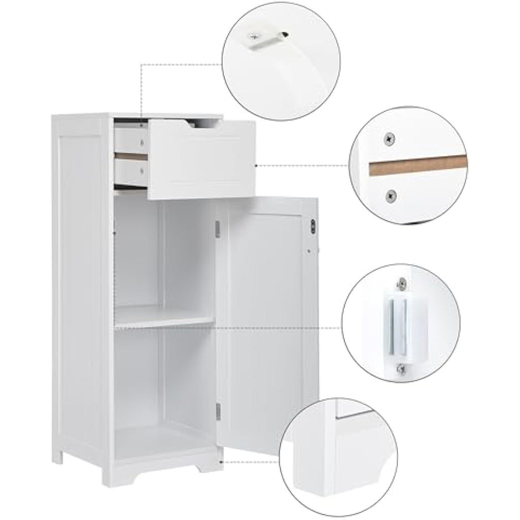 Jolof Store White MDF Bathroom Floor Cabinet with Drawer and Shelves