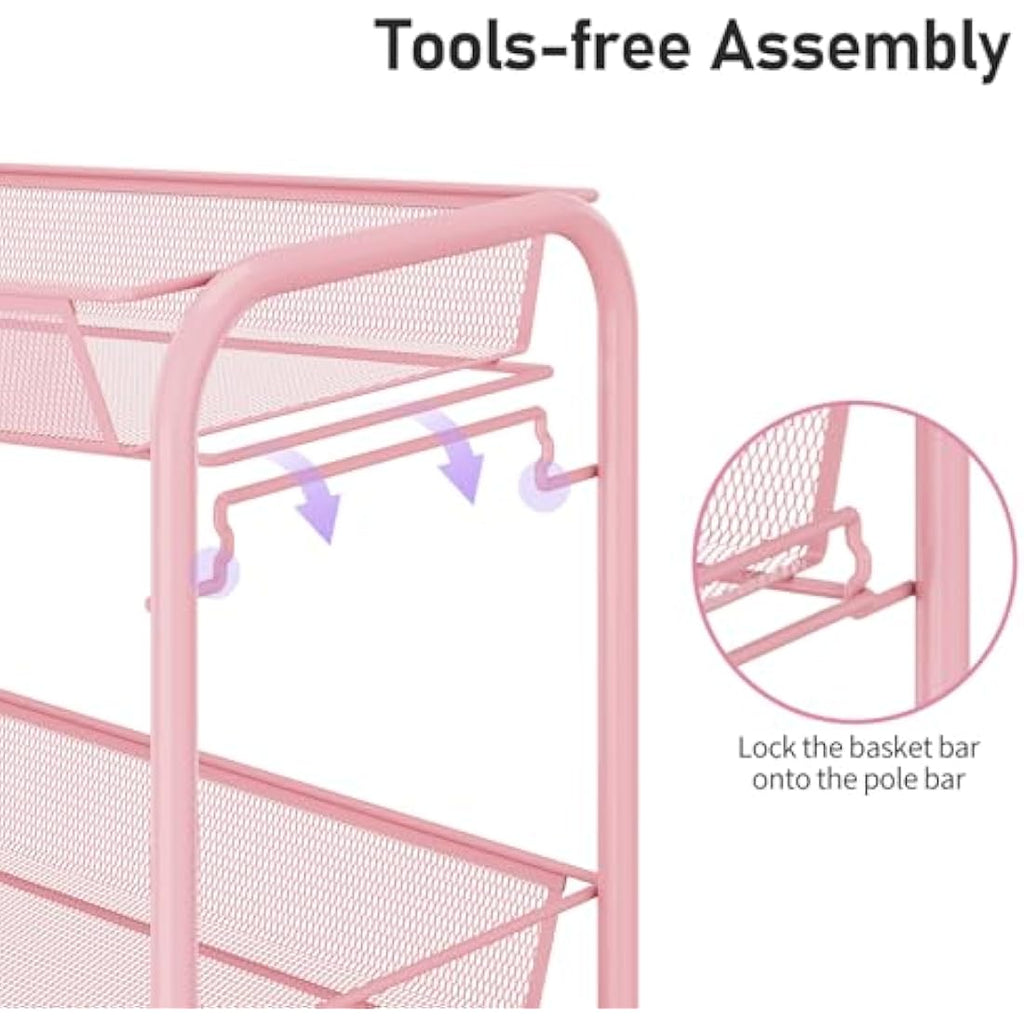 APEXCHASER 4-Tier Rolling Utility Cart | Metal Storage Trolley - Pink
