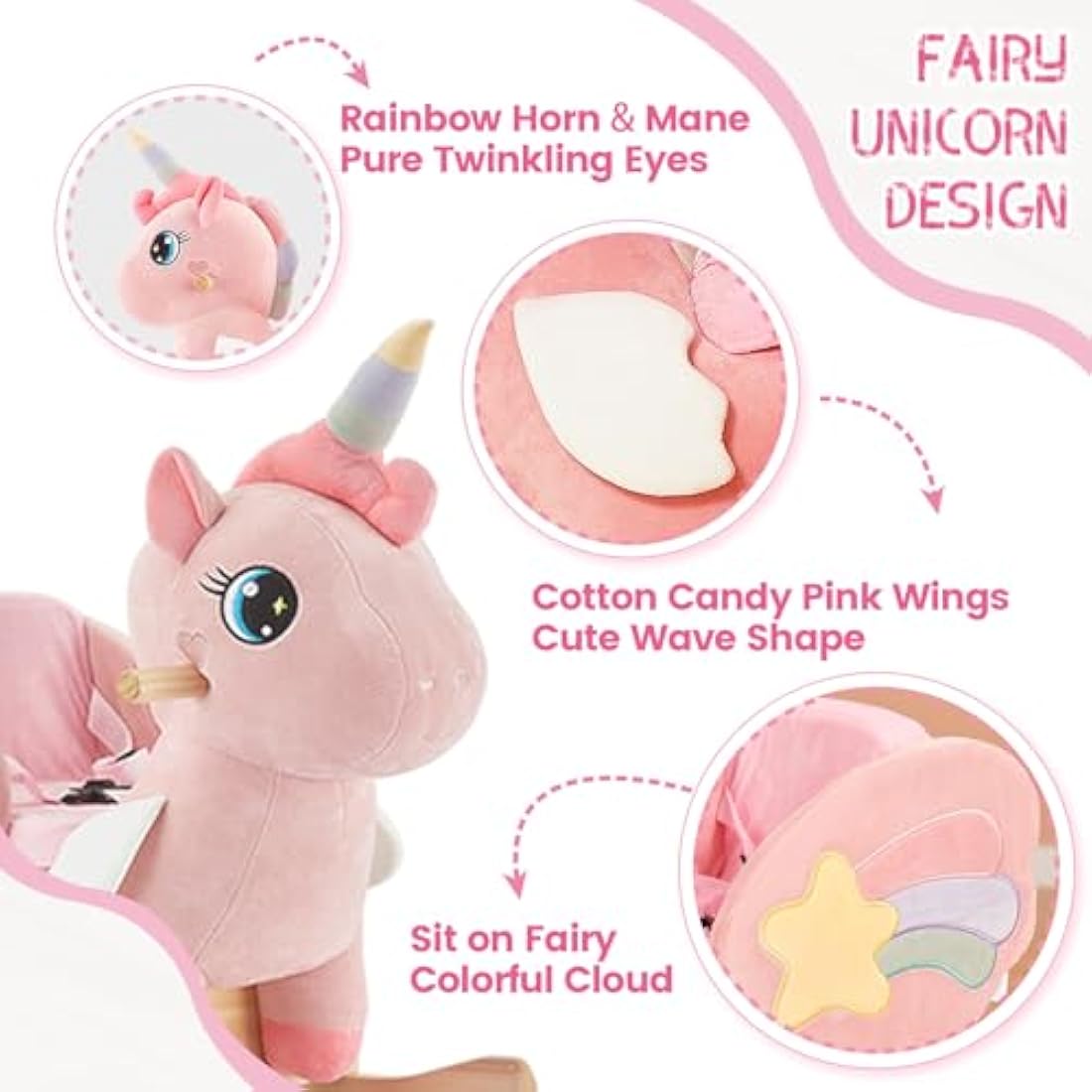 FUNLIO Pink Unicorn Baby Rocking Horse - Wooden Ride-on for Toddlers
