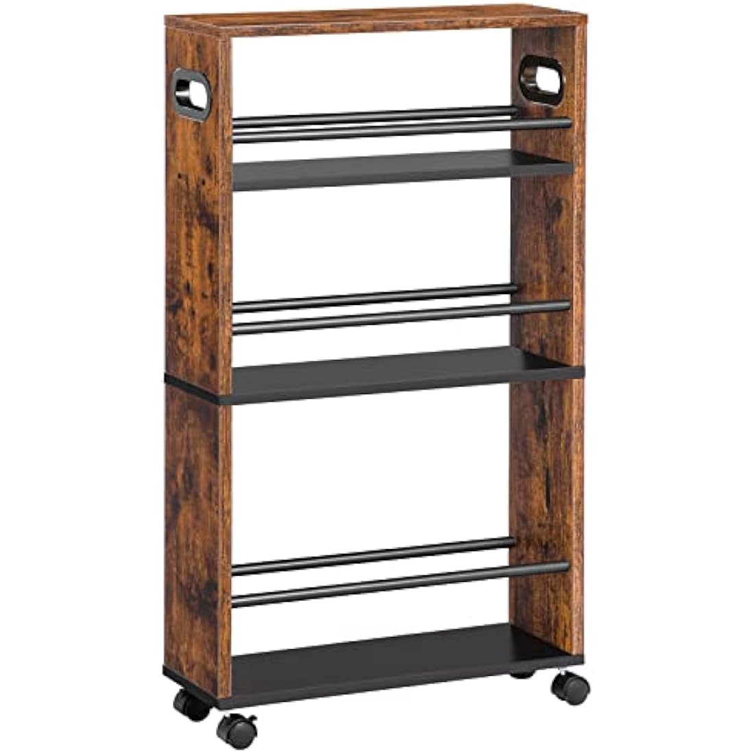 HOOBRO 4-Tier Slim Storage Trolley – Narrow Rolling Utility Cart, Rustic Brown