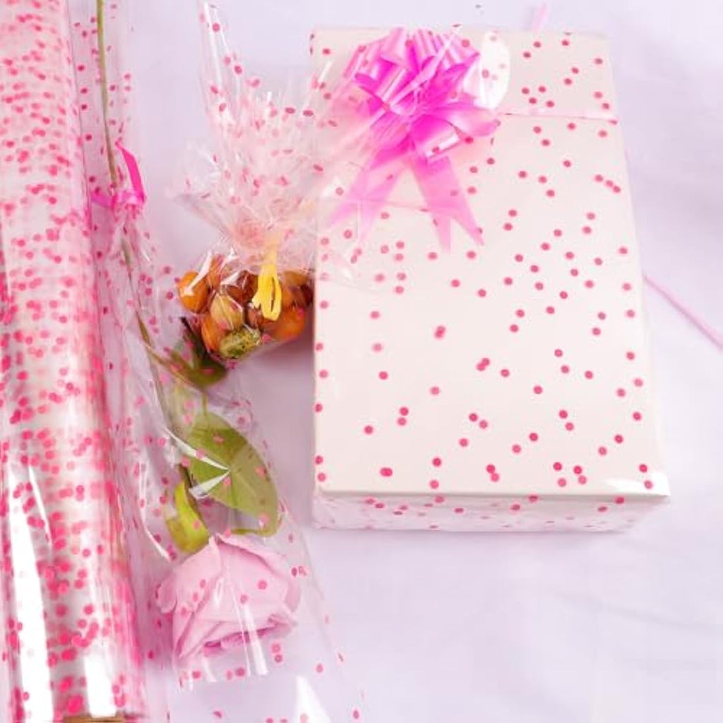 Jolof Store Pink Polka Dot Clear Cellophane Wrap Roll - 34in x 100ft