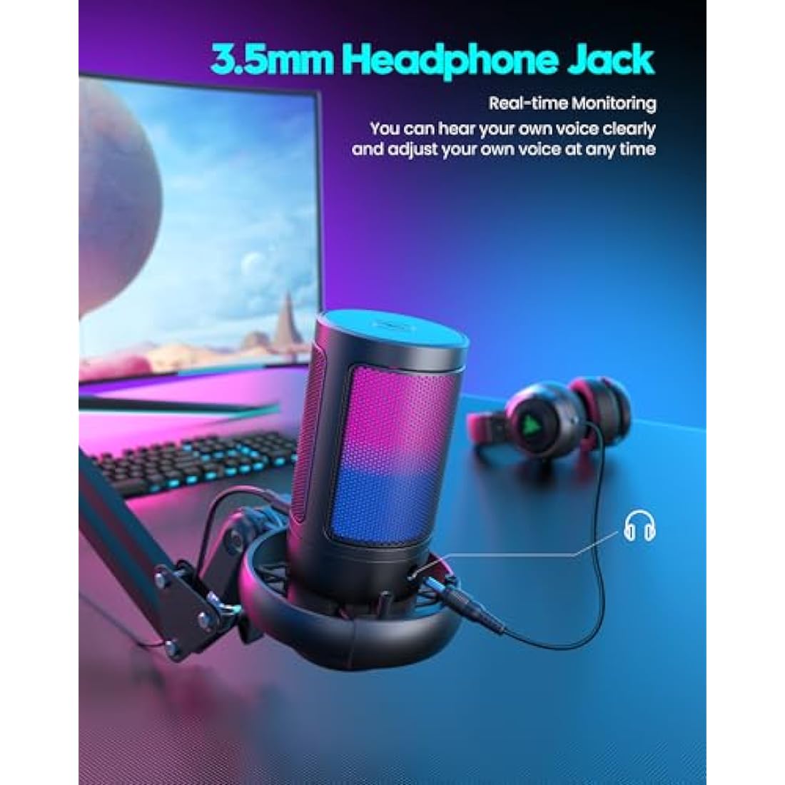Jolof Store RGB Gaming Microphone with Boom Arm – USB Cardioid Mic for PC