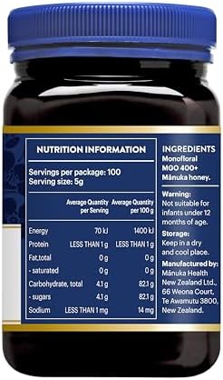 Manuka Health MGO 400+ Raw Manuka Honey – Antibacterial Support, 500g
