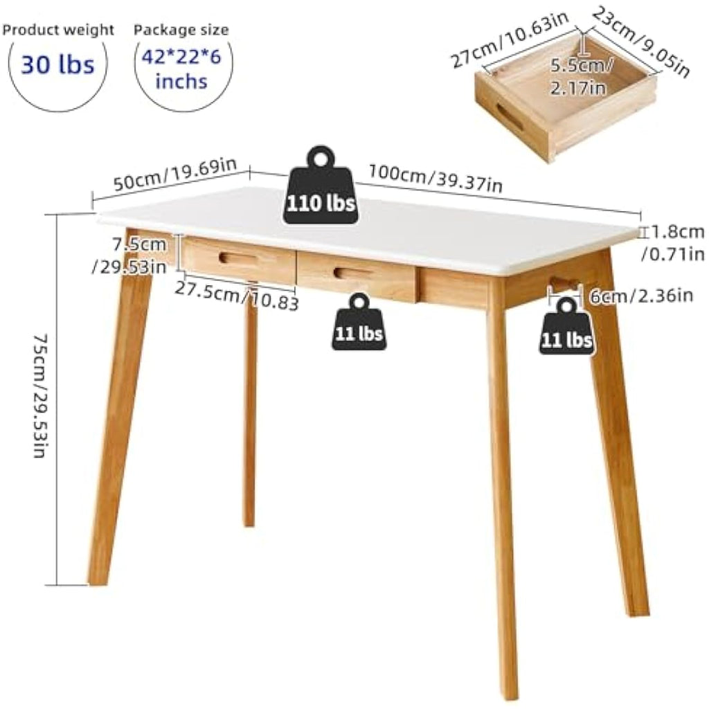 Aibiju Solid Wood Computer Desk – Mid-Century Writing Table with Drawers