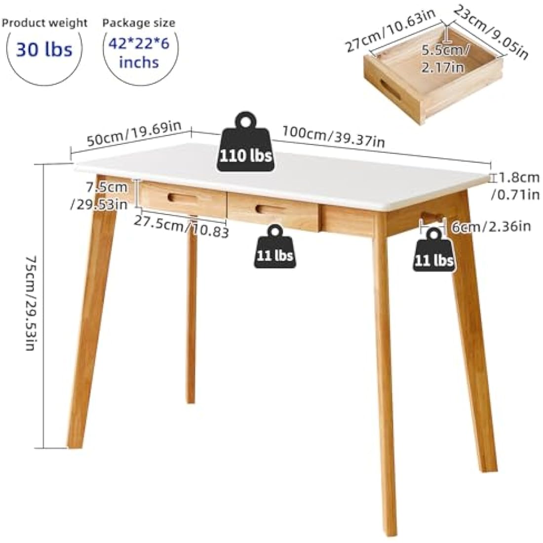 Aibiju Solid Wood Computer Desk – Mid-Century Writing Table with Drawers
