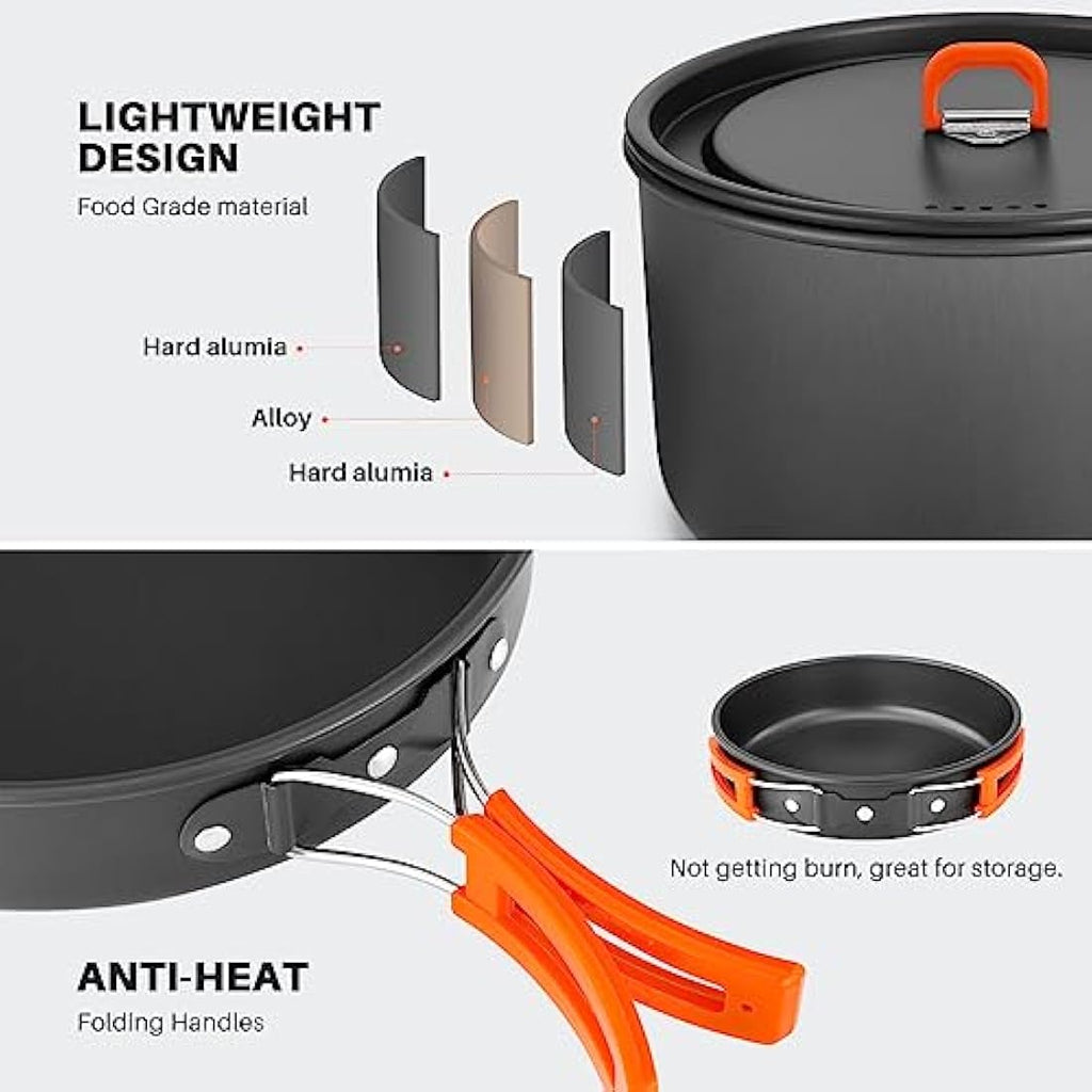 Odoland 10-Piece Camping Cookware Set – Non-Stick Pot, Pan & Kettle