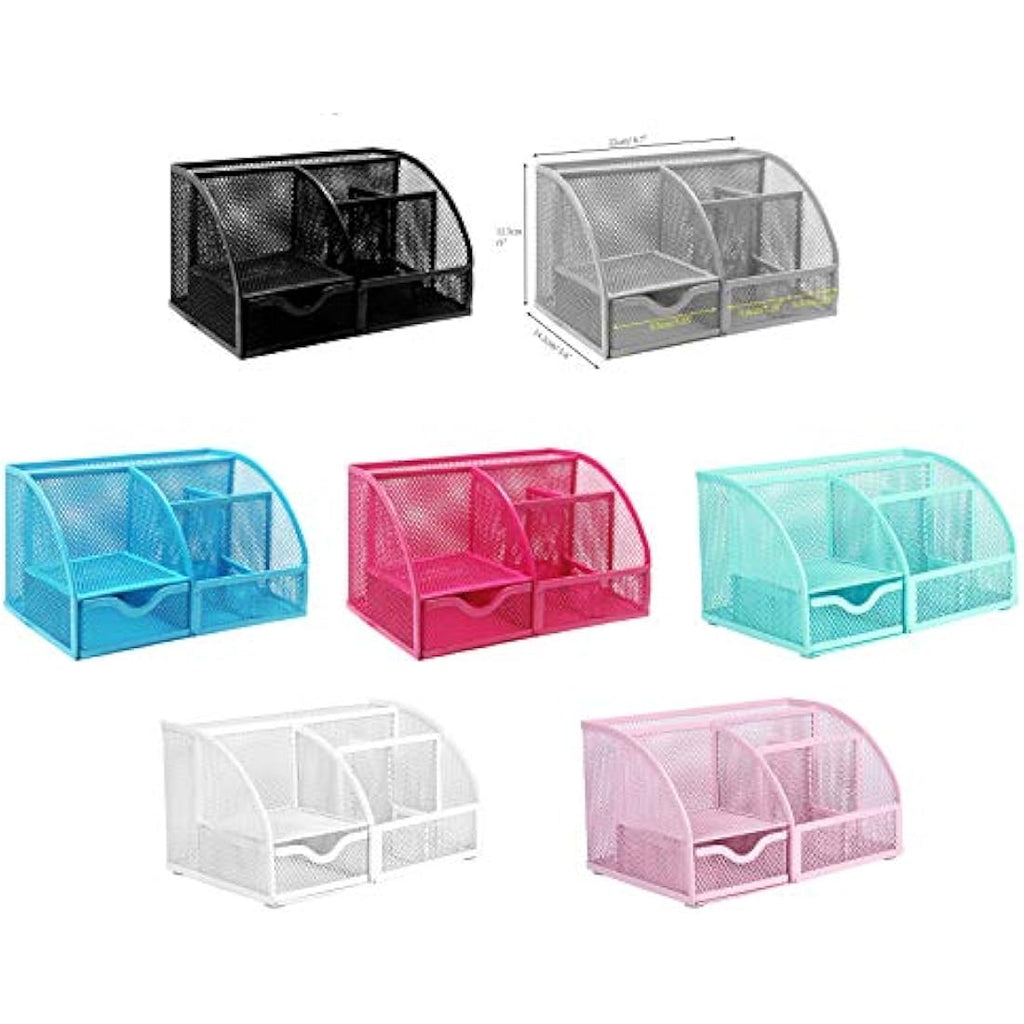 Exerz Mesh Desk Organiser – 7 Compartment Metal Pen Holder, Silver Grey