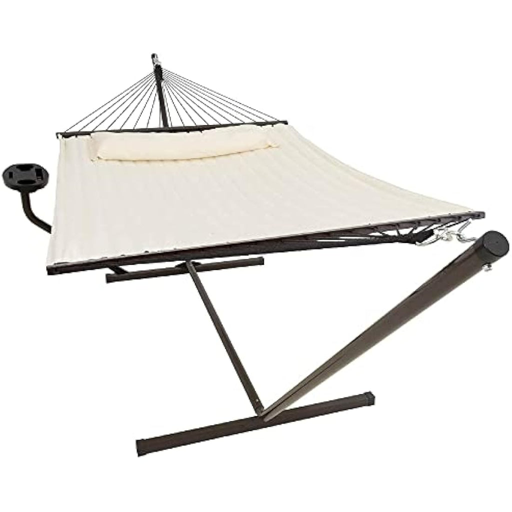 Vita5 Double Hammock with Heavy Duty Stand, Side Table & Pillow - Beige
