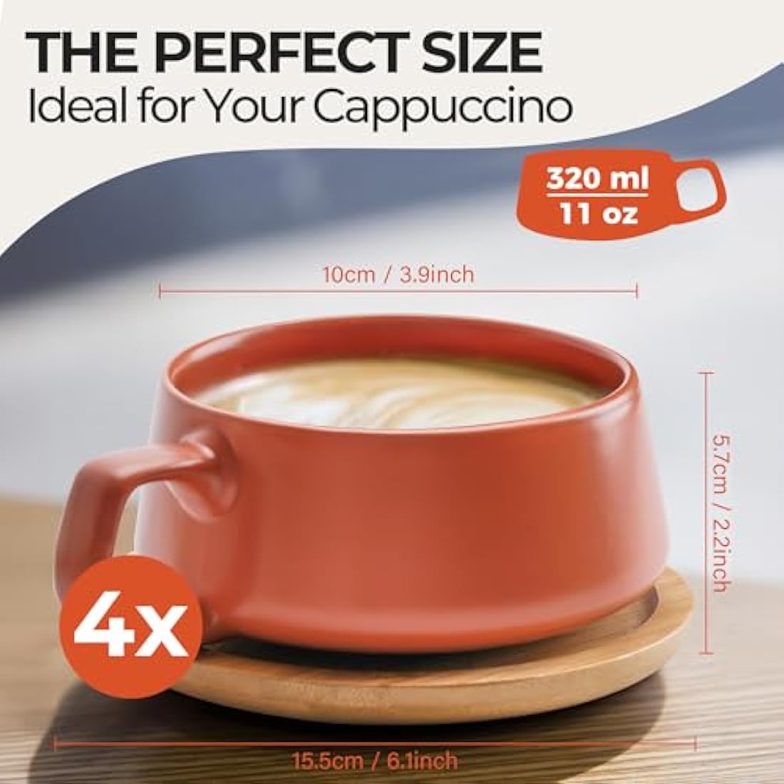 MIAMIO Ceramic Coffee Cup Set with Bamboo Saucers - 320ml Beige Pastel