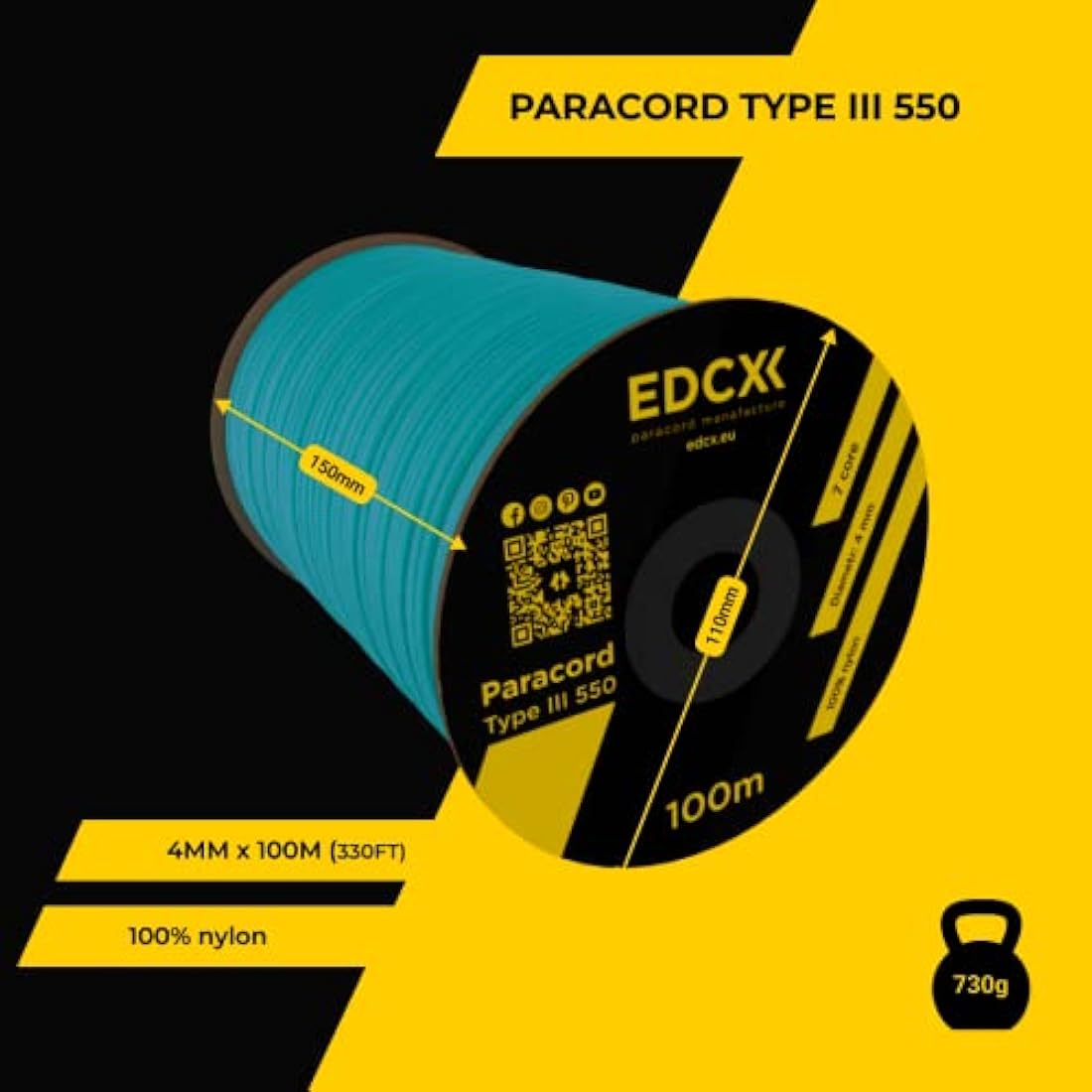 EDCX 550 Paracord Type III – 4mm 100% Nylon Rope for DIY and Camping