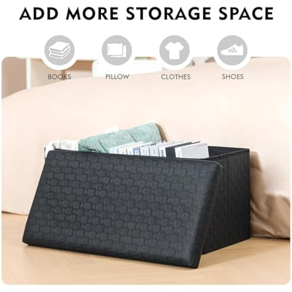 Bonlife Foldable Faux Leather Storage Ottoman Bench - Black, 76cm