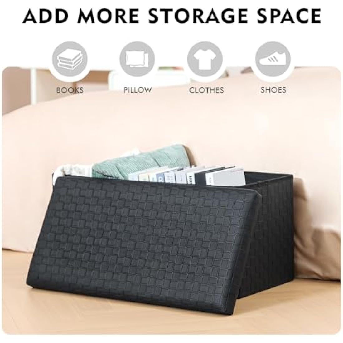Bonlife Foldable Faux Leather Storage Ottoman Bench - Black, 76cm