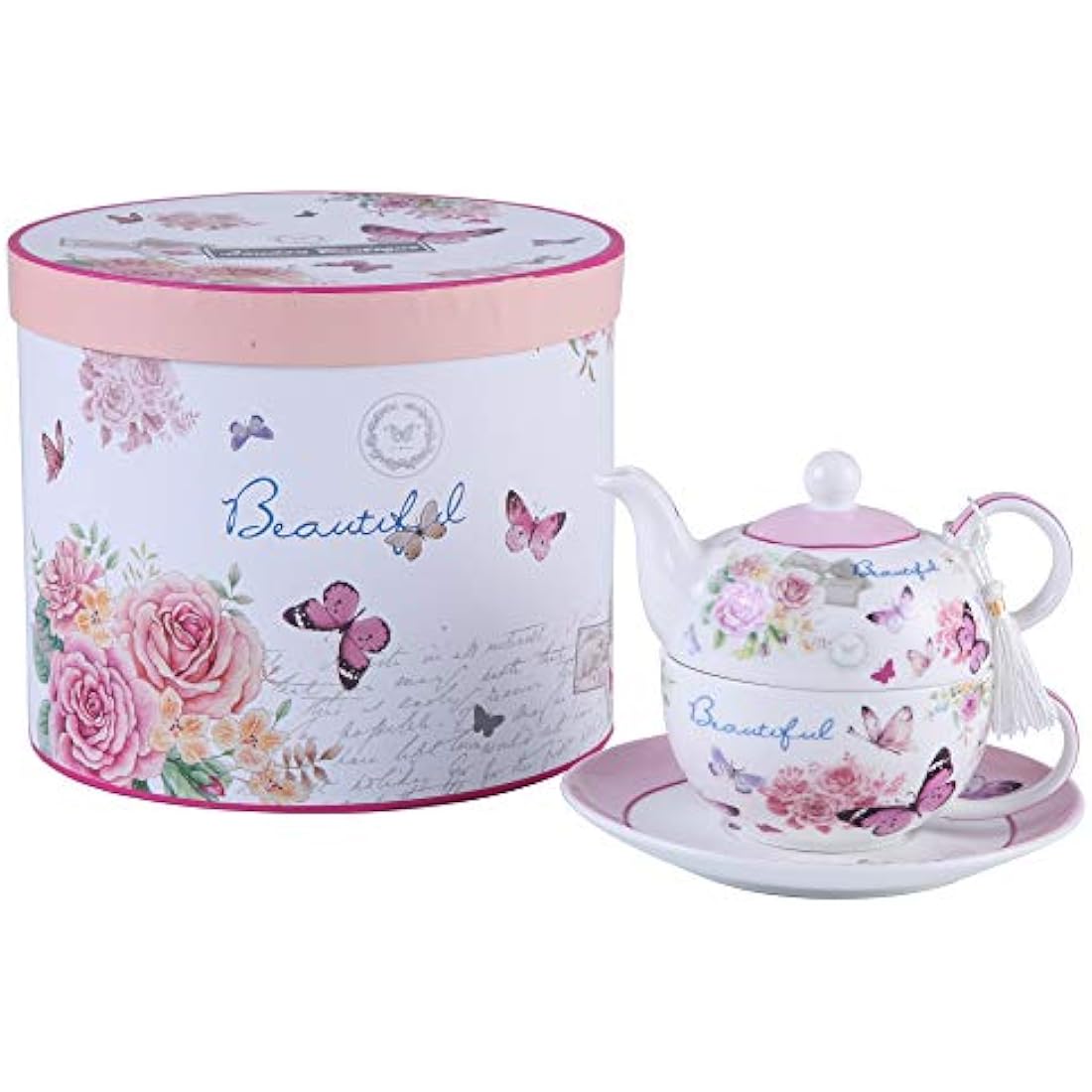 Butterfly Rose Porcelain Tea for One Set with Gift Box