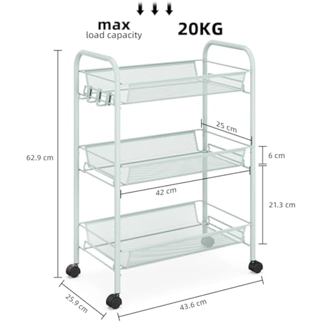APEXCHASER 3-Tier Rolling Utility Cart | Metal Mesh Storage Trolley, Green