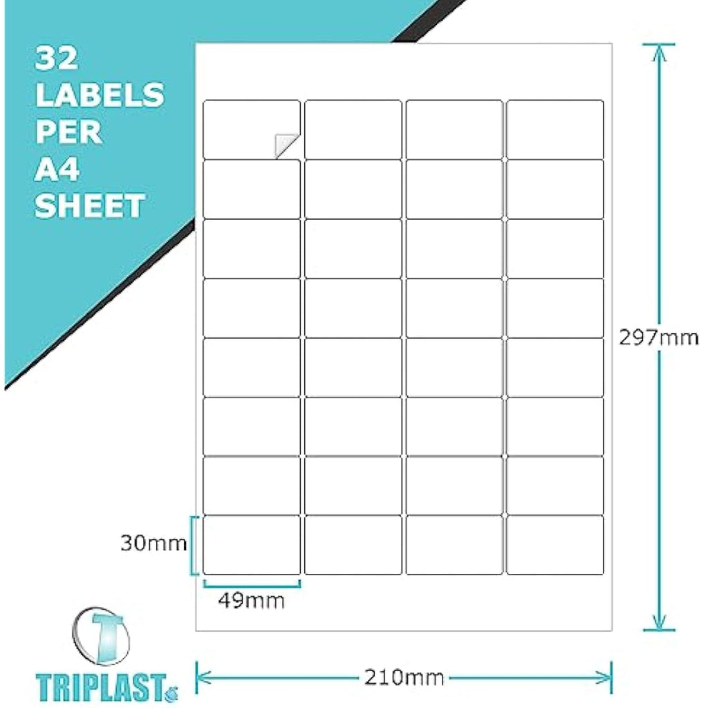 Triplast A4 Label Sheets | 32 Labels Per Sheet | White Easy Peel - 50 Pack