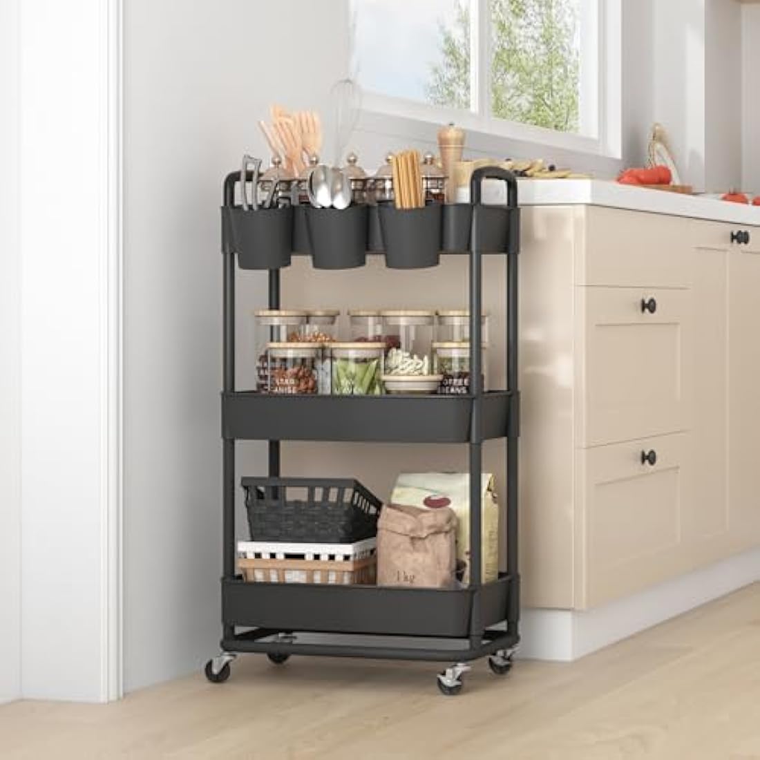 JIUYOTREE 3-Tier Rolling Utility Cart with Hanging Cups & Wheels - Black