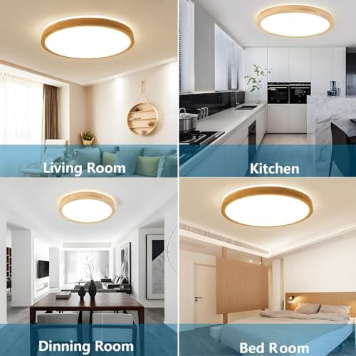 YYUTLUO Round Wood LED Ceiling Light – 48W Dimmable Flush Mount Lamp 60cm