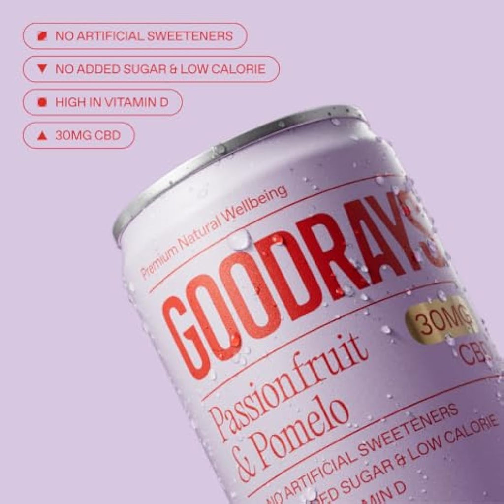 Goodrays 30mg CBD Drink – Passionfruit & Pomelo – 24 x 250ml Cans
