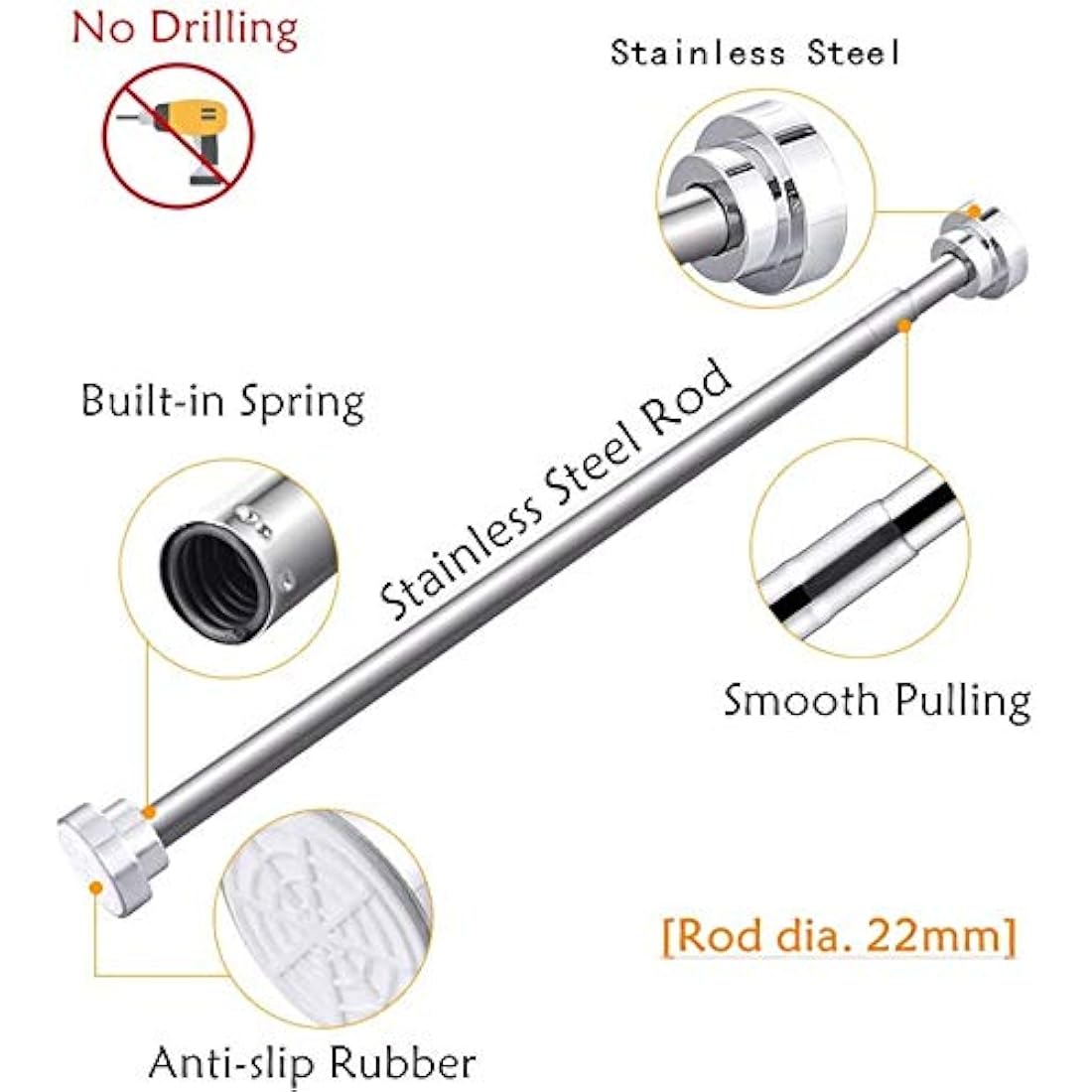 EC Breath Stainless Steel Tension Shower Curtain Rod, 155–260cm