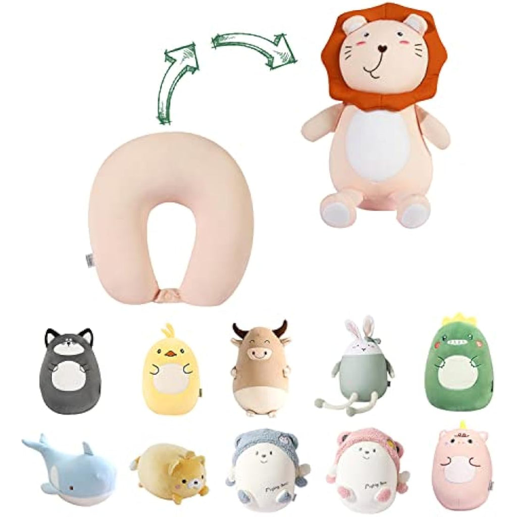 JOYRAVO 2-in-1 Kids Travel Pillow | Convertible Animal Plushie – Pink Lion