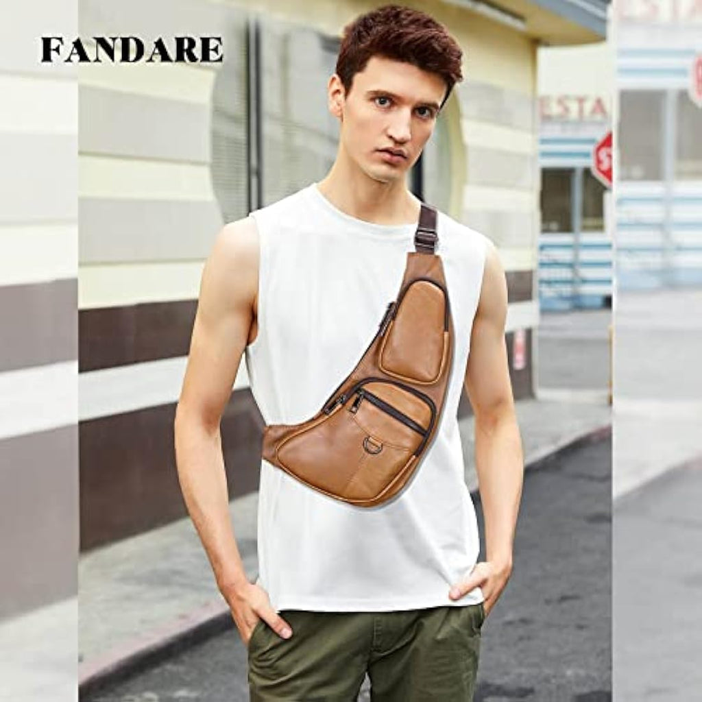 FANDARE Genuine Leather Sling Bag – Waterproof Crossbody Chest Pack, Yellow