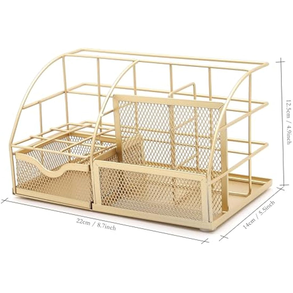Exerz Mesh Desk Organiser – 7 Compartment Metal Desktop Caddy, Gold