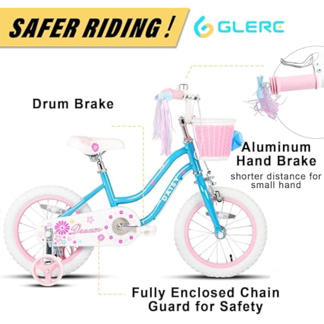 Glerc Daisy 12 Inch Girls Bike with Training Wheels and Basket - Blue