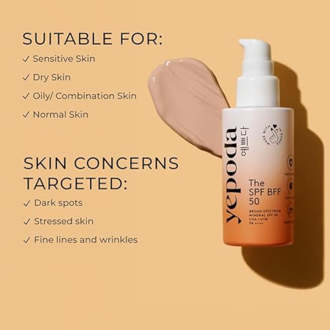 Yepoda Tinted Mineral Sunscreen SPF 50 | Zinc Oxide & Hyaluronic Acid
