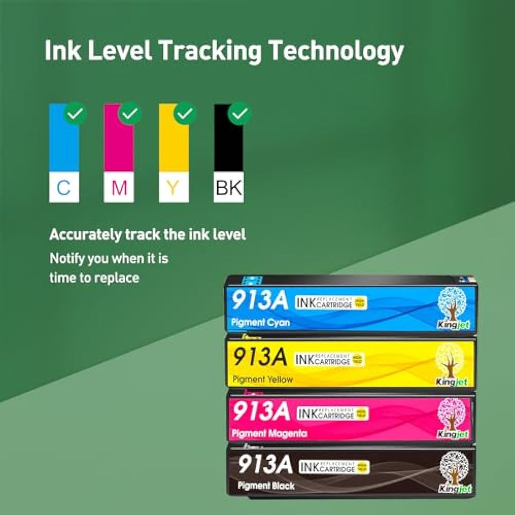 Kingjet 913A Ink Cartridges for HP PageWide Pro 477dw 377dw | 4-Pack CMYK