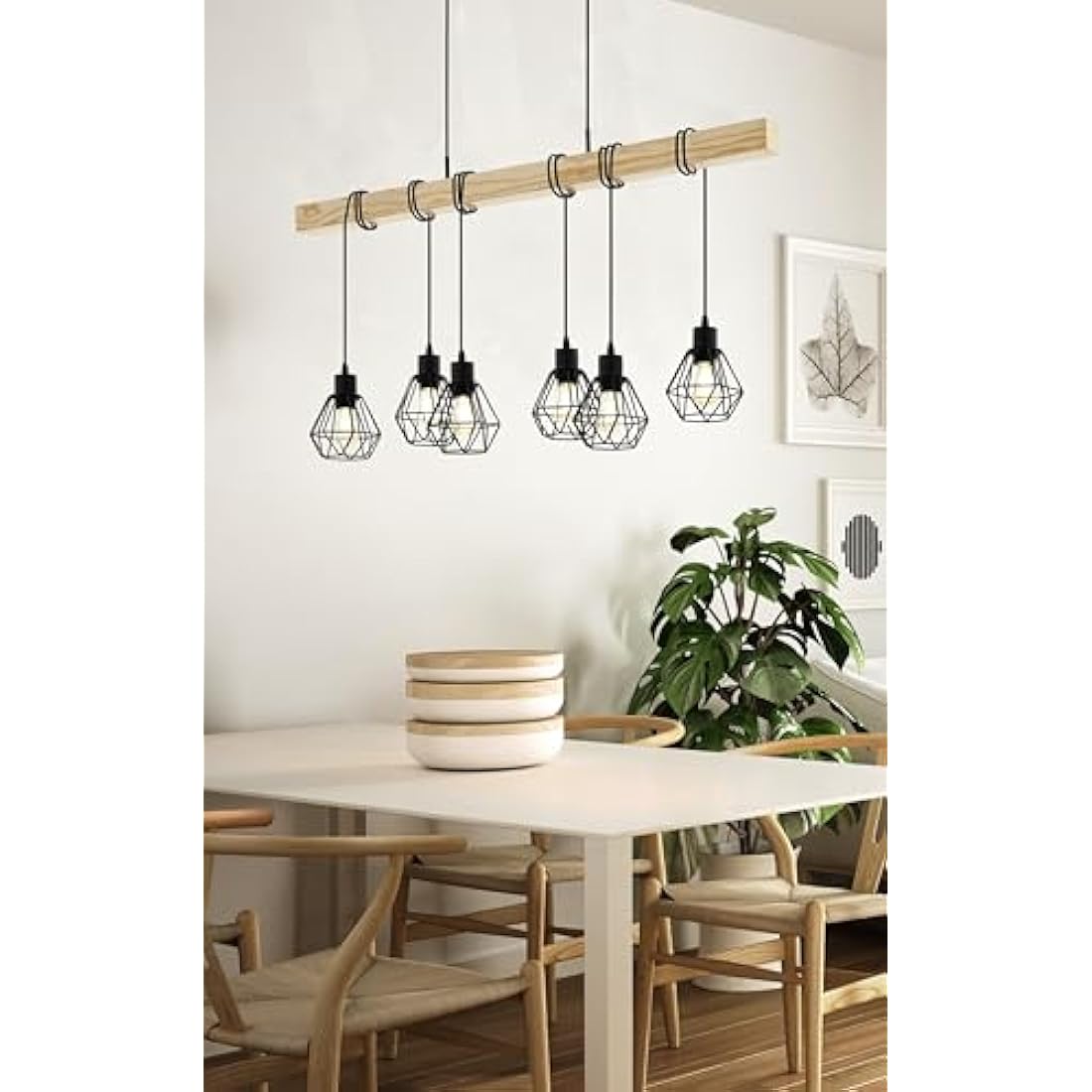 Eglo Townshend 5 Industrial Pendant Light – 6-Light Wood & Metal
