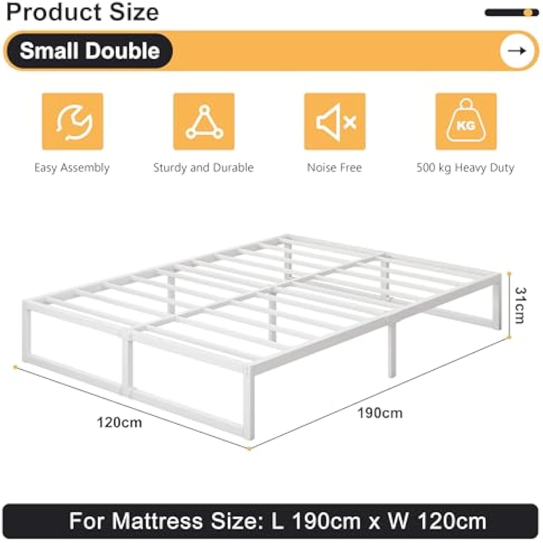 Jolof Store Small Double Metal Bed Frame | 120x190cm Steel Slat | White