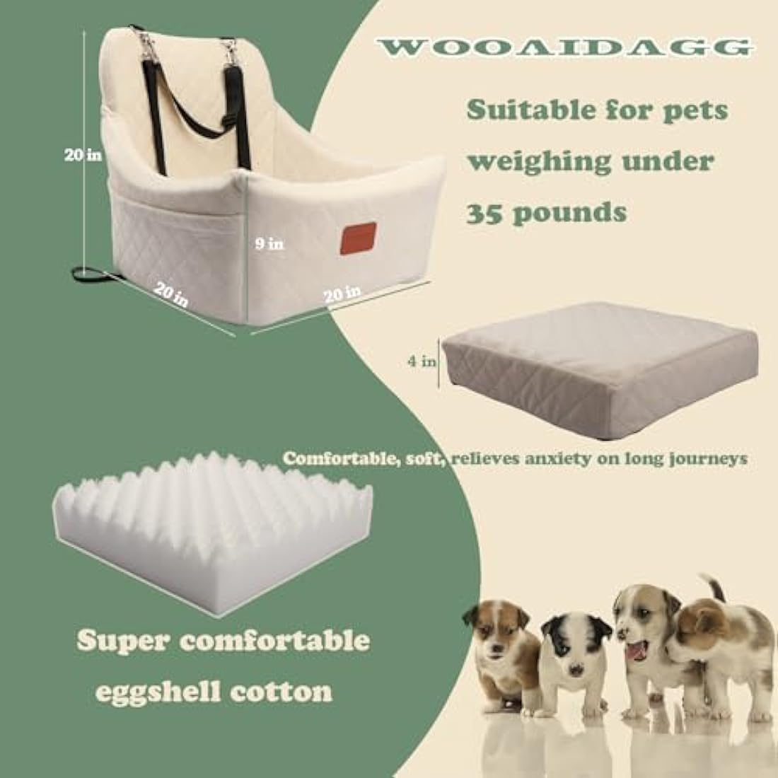 Wooaidagg Dog Car Seat – Memory Foam Pet Booster Bed, Washable (Beige)