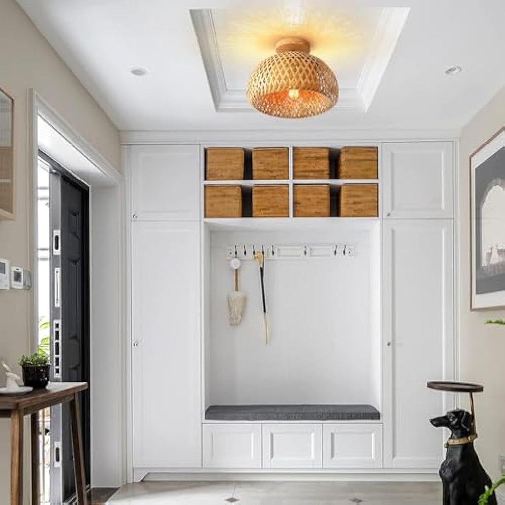 Schindora Rattan Ceiling Light – Handmade Boho Bamboo Flush Mount