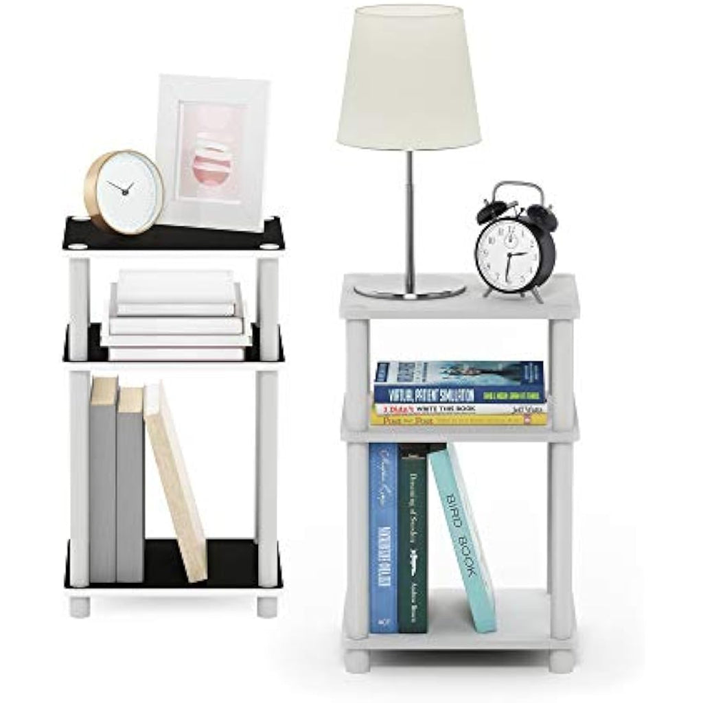Furinno 3-Tier Turn-N-Tube End Table 2-Pack | White Wood & Plastic