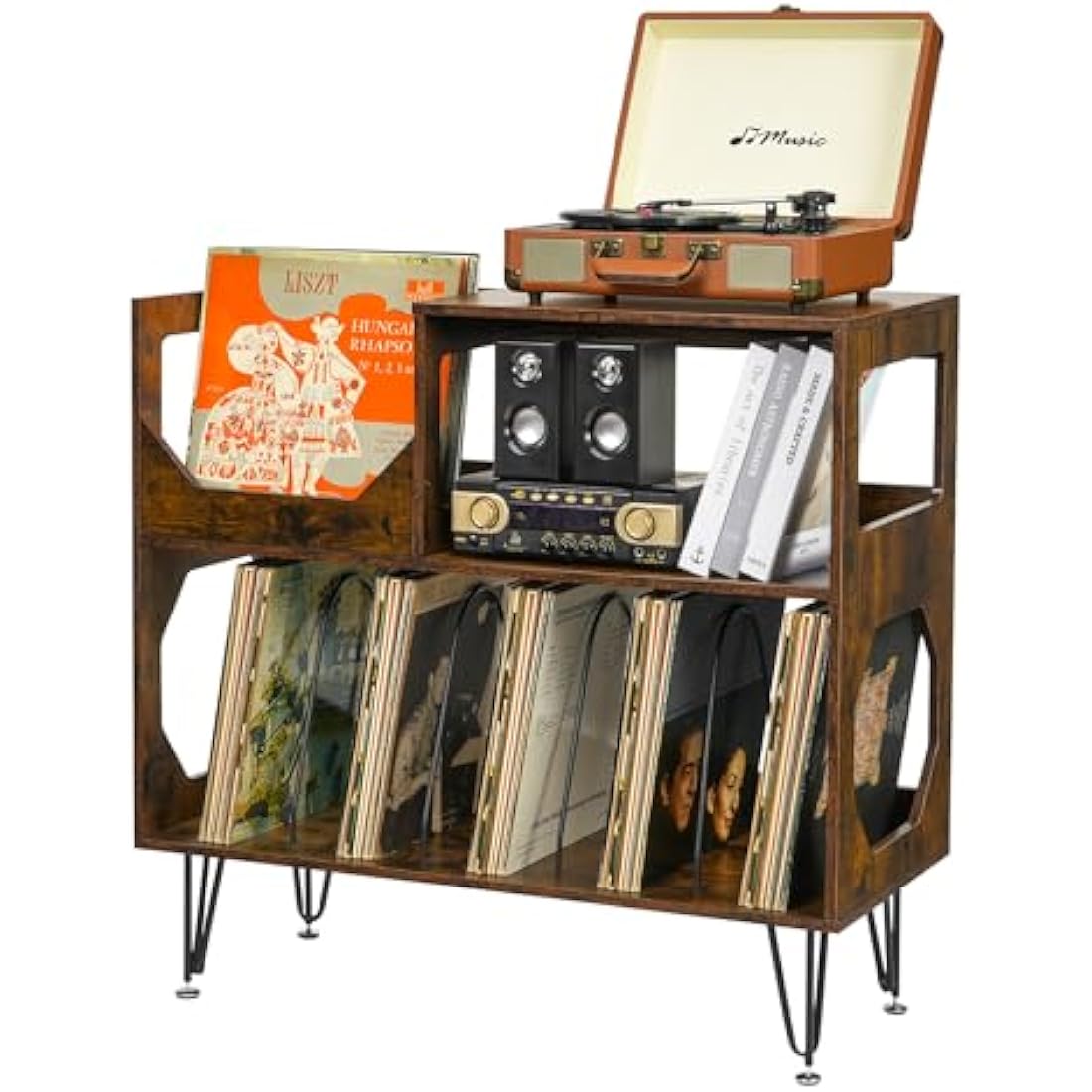 ikkle Rustic Record Player Stand | 2-Tier Vinyl Storage Cabinet for 370 Albums