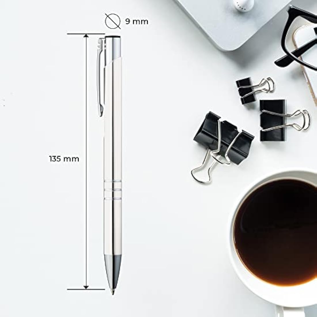 GIMEI Metal Ballpoint Pen Pack of 50 – Ergonomic Blue Ink Pens, White