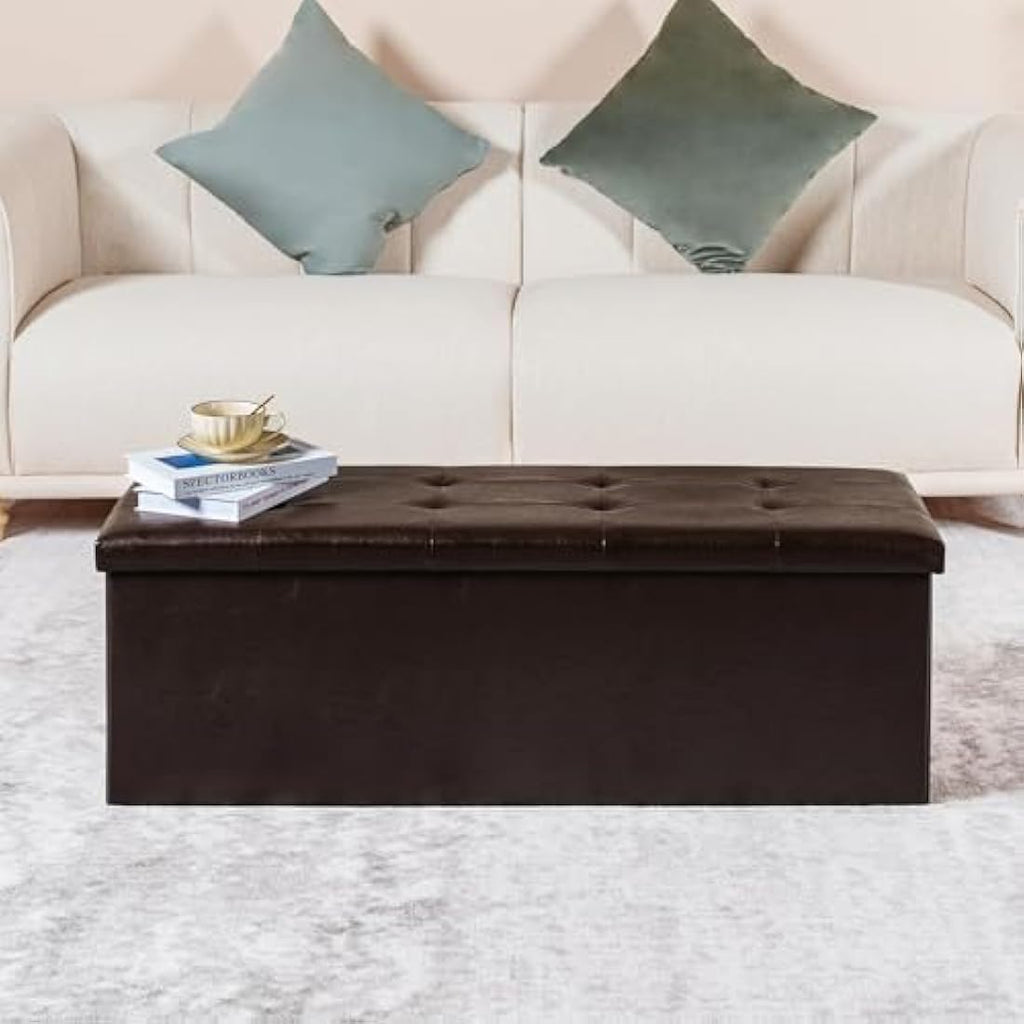 Bonlife Storage Ottoman | 140L Foldable Faux Leather Bed Bench - Brown