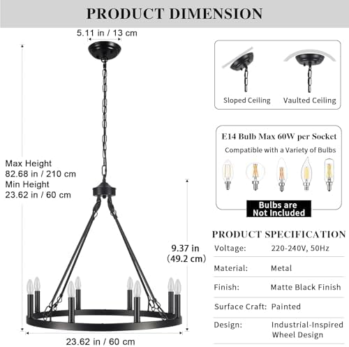 ASHUAQI 8-Light Wagon Wheel Chandelier | Black Modern Farmhouse Light
