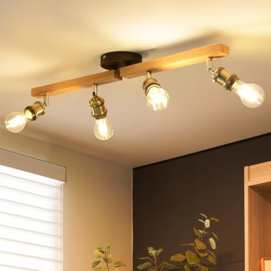 ANWIO 4-Way Adjustable Ceiling Spotlight Bar – Retro Wood & Aluminum